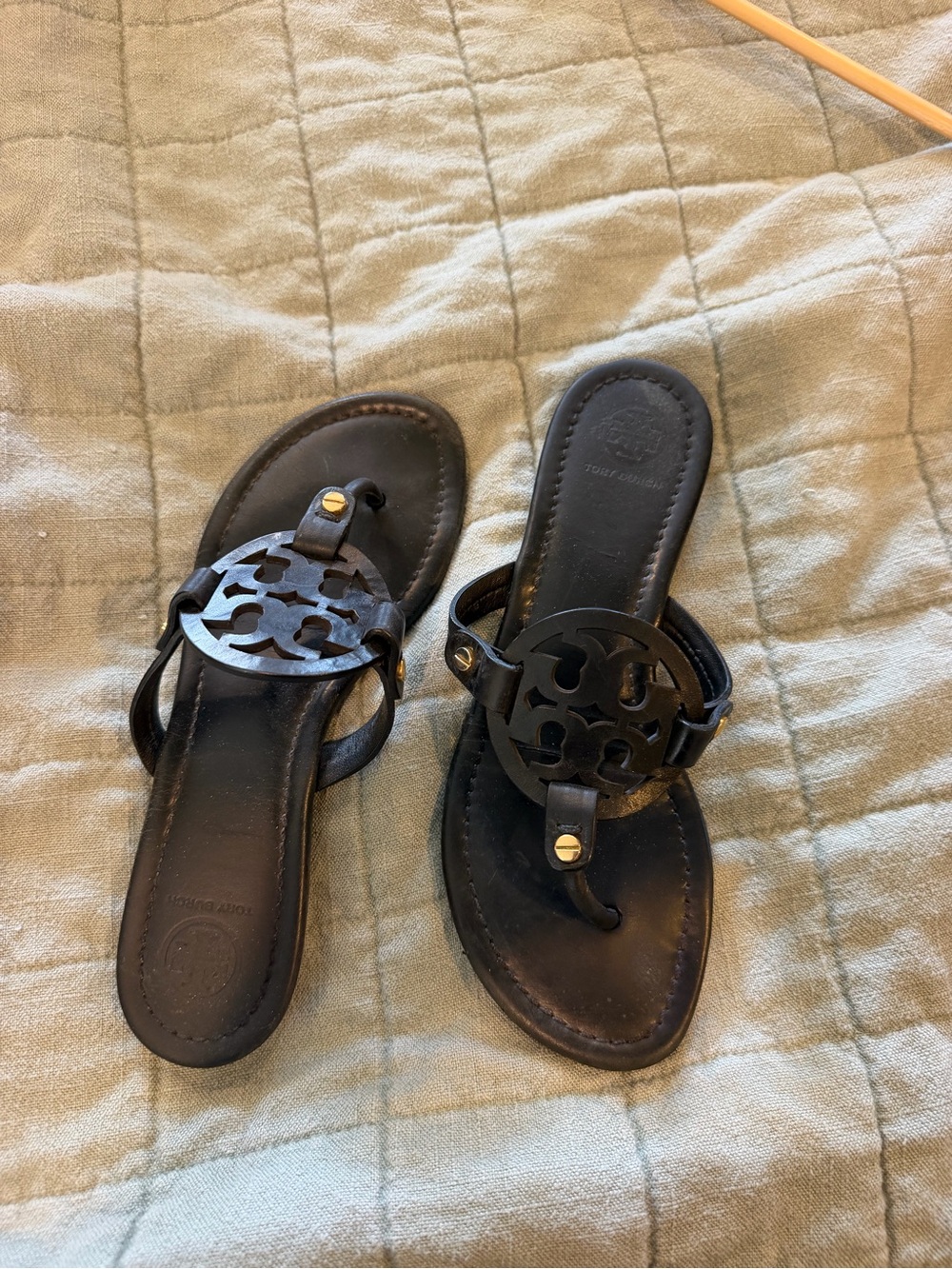 Tory Burch Black Leather Logo Thong Sandals